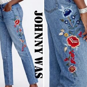 Johnny Was Kali Relaxed Straight Jeans Floral Embroidered High Rise 29 Blue